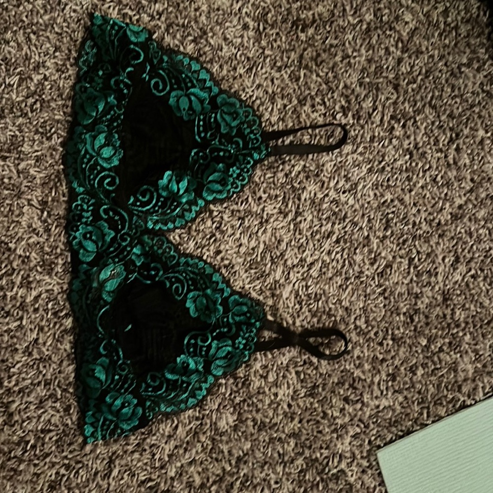 Black and teal lace bralette